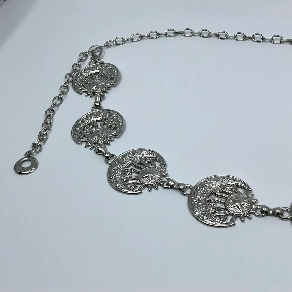 Vintage Y2K Celestial Silver Sun and Moon Chain Belt, 19.5–39 Inches, X7GA1149